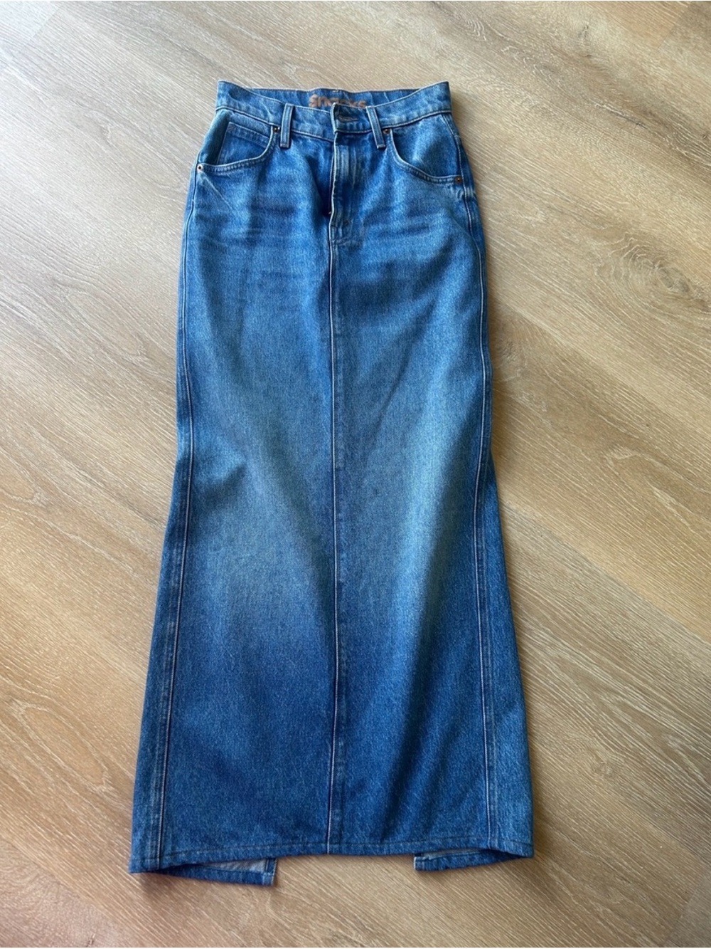 MOTHER snacks High-Rise Blue Denim Flare Maxi Skirt